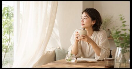 窓辺で温かい飲み物を持ちながら飲酒と女性の性機能を考える女性