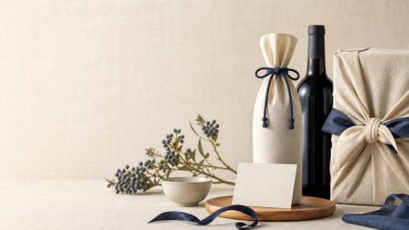 生成り色の布で包んだお酒ギフトとワインボトルのイメージ