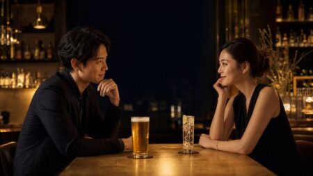 バーで目を合わせる成人男女とビール、ノンアルコールドリンク