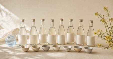 生成り色の空間に8本の日本酒と酒器を並べた飲み比べイメージ