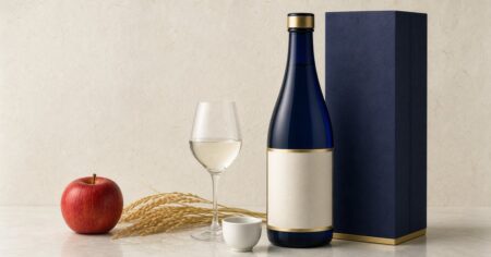 生成り色と藍色の空間に日本酒瓶、ギフト箱、リンゴを配した写真