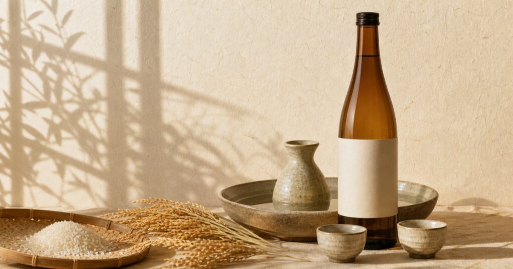 生成り色の空間に日本酒瓶と燗酒器、稲穂を配した写真