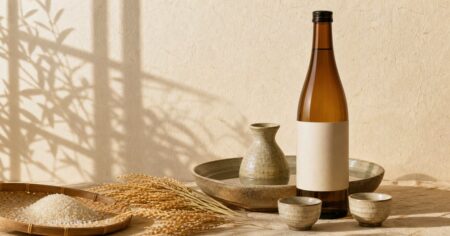 生成り色の空間に日本酒瓶と燗酒器、稲穂を配した写真
