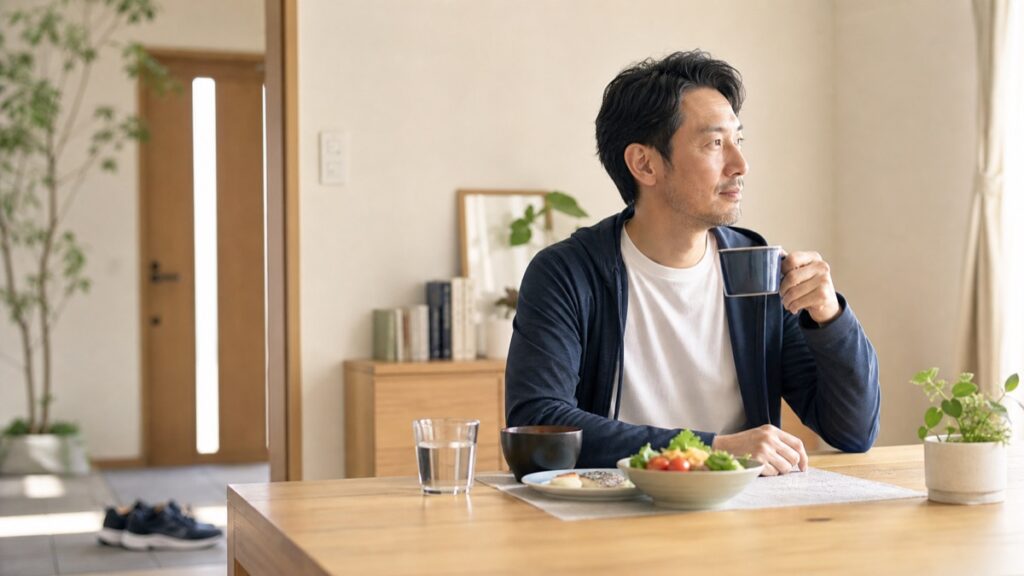 朝の生活習慣を見直す成人男性のイメージ