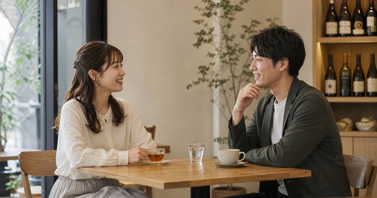 カフェで会話する20〜30代男女の飲まない初デート